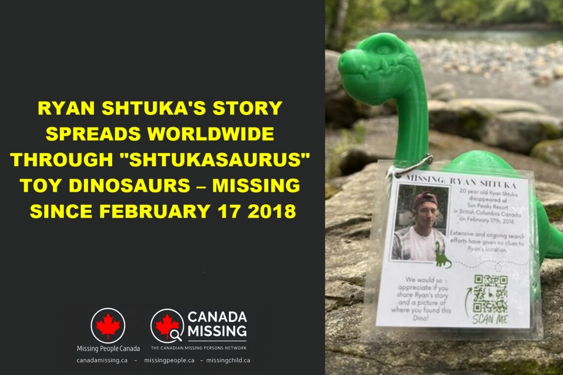 Shtukasaurus toy dinosaur with tag for Ryan Shtuka awareness campaign, or photo of Ryan Shtuka, missing since February 17, 2018 from Sun Peaks, British Columbia.