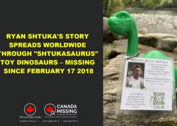 Shtukasaurus toy dinosaur with tag for Ryan Shtuka awareness campaign, or photo of Ryan Shtuka, missing since February 17, 2018 from Sun Peaks, British Columbia.
