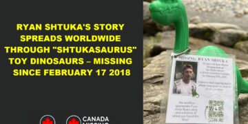 Shtukasaurus toy dinosaur with tag for Ryan Shtuka awareness campaign, or photo of Ryan Shtuka, missing since February 17, 2018 from Sun Peaks, British Columbia.