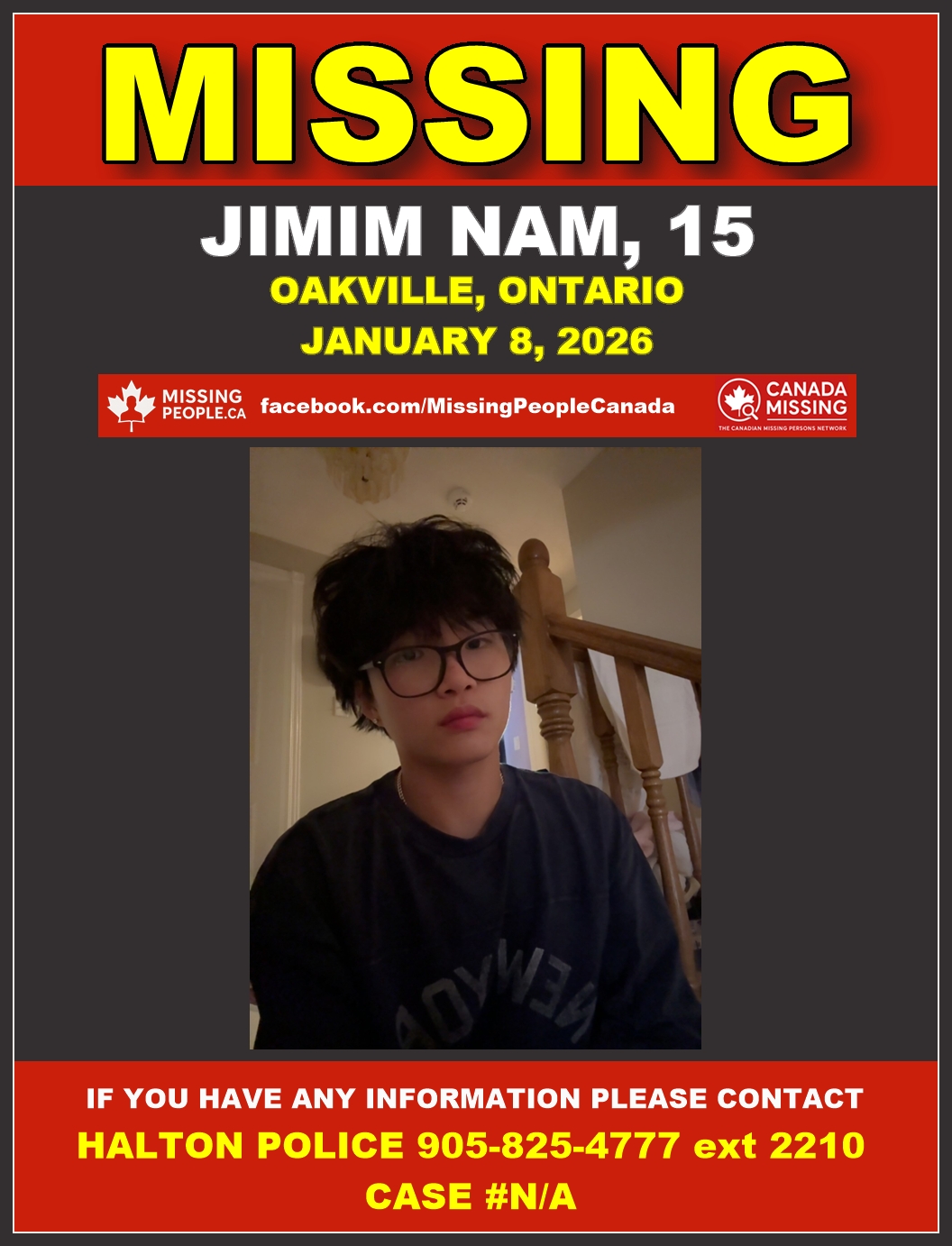 Photo of missing boy Jimim Nam, age 15, from Oakville, Ontario