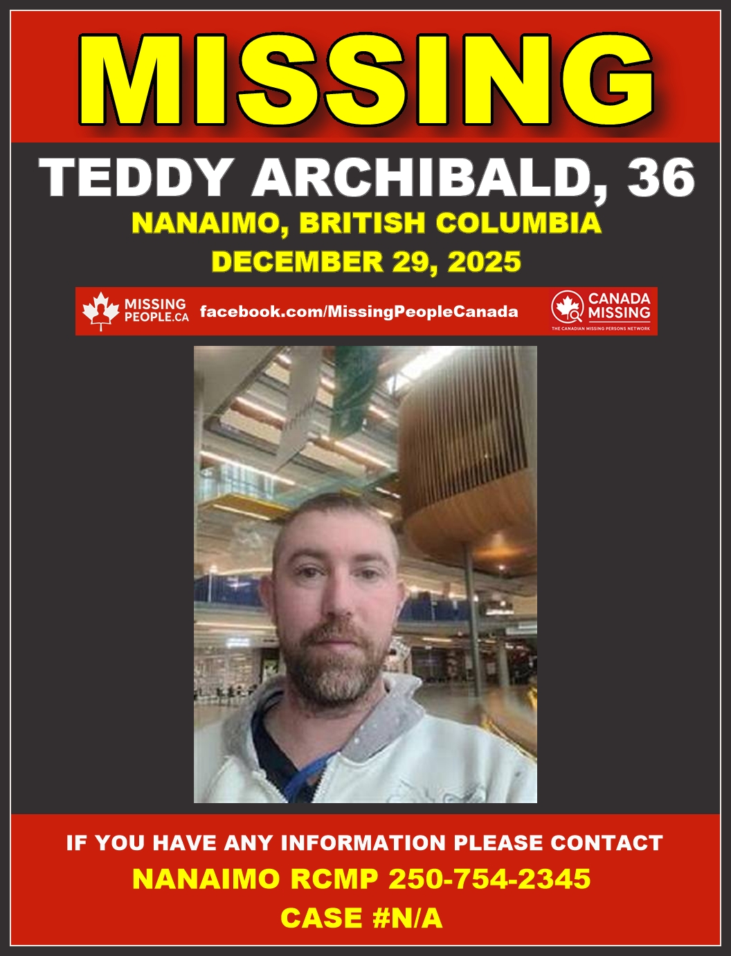 Photo of missing man Teddy Archibald, age 36, from Nanaimo, British Columbia