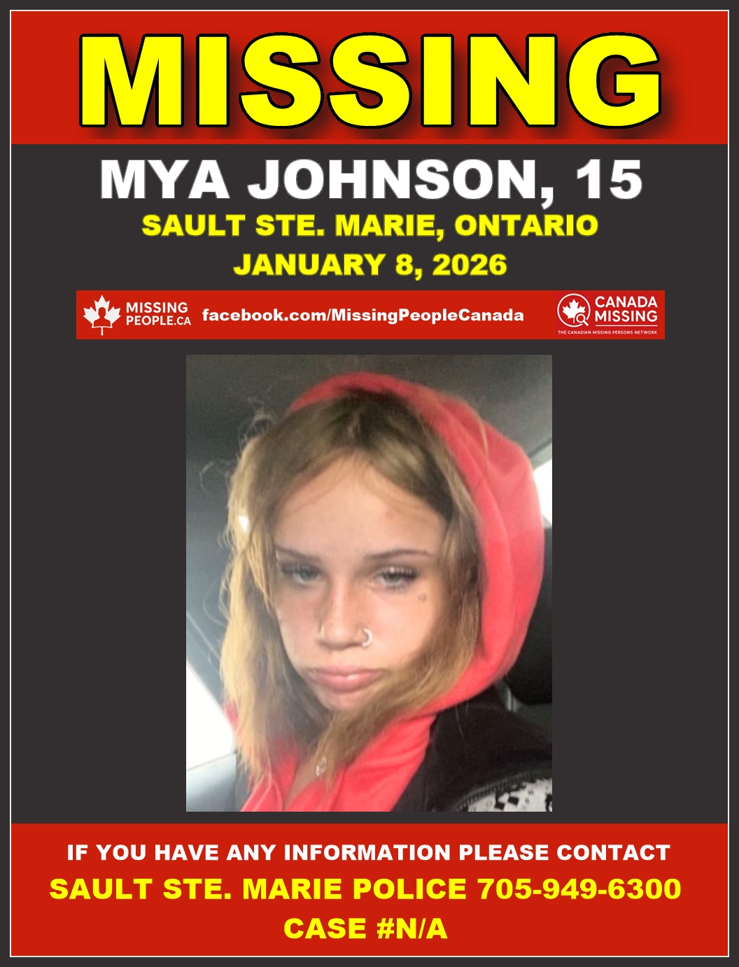 Photo of missing girl Mya Johnson, age 15, from Sault Ste. Marie, Ontario
