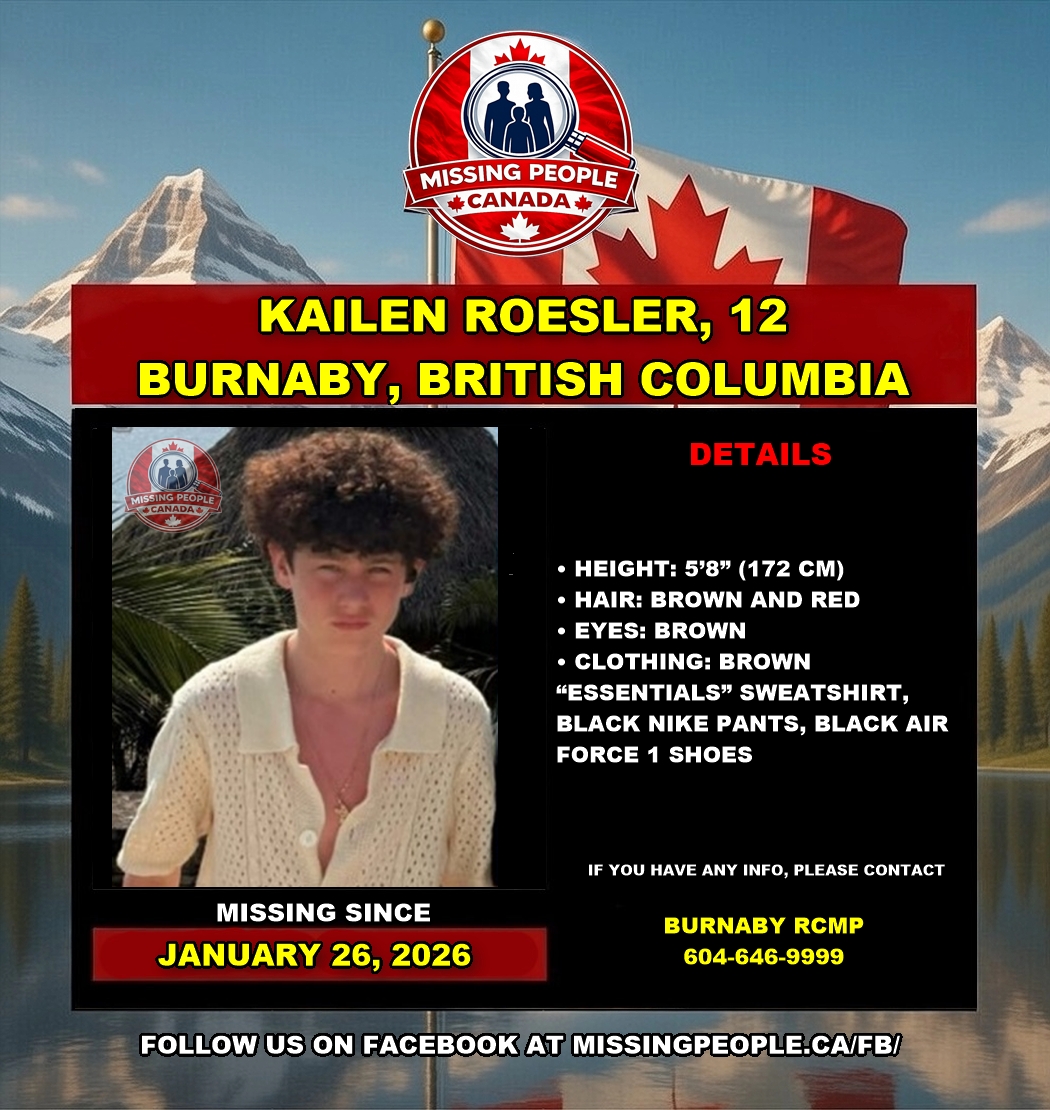 Photo of missing boy Kailen Roesler, age 12, from Burnaby, British Columbia