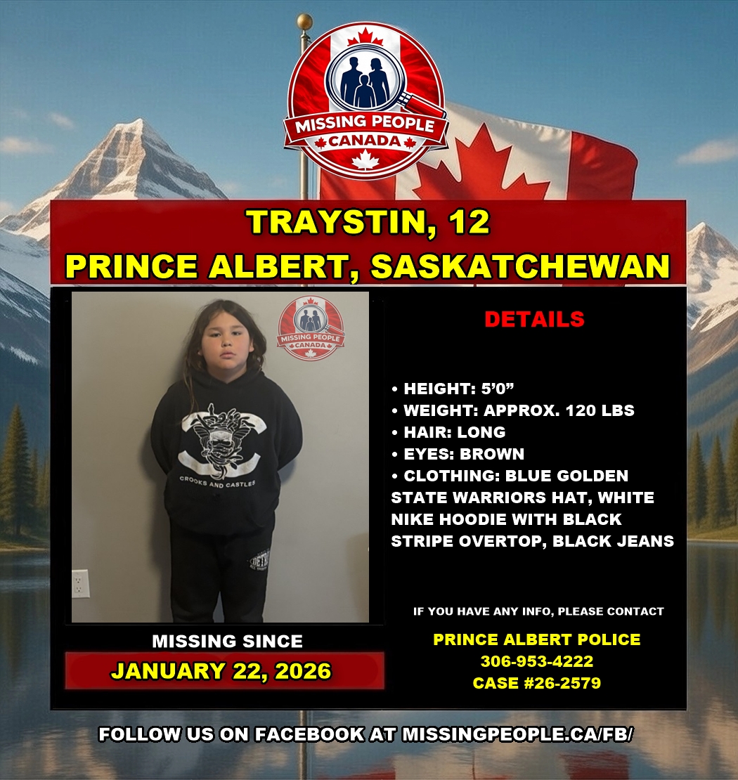Photo of missing boy Traystin, age 12, from Prince Albert, Saskatchewan.