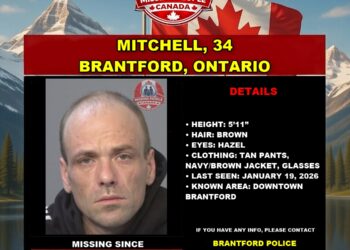 Photo of missing man Mitchell, age 34, from Brantford, Ontario