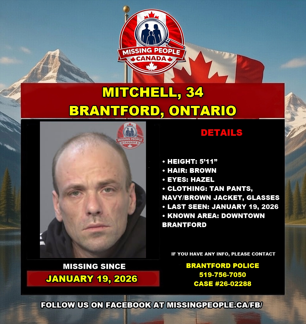 Photo of missing man Mitchell, age 34, from Brantford, Ontario