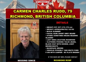 Photo of missing senior Carmen Charles Rudd, age 79, from Richmond, British Columbia