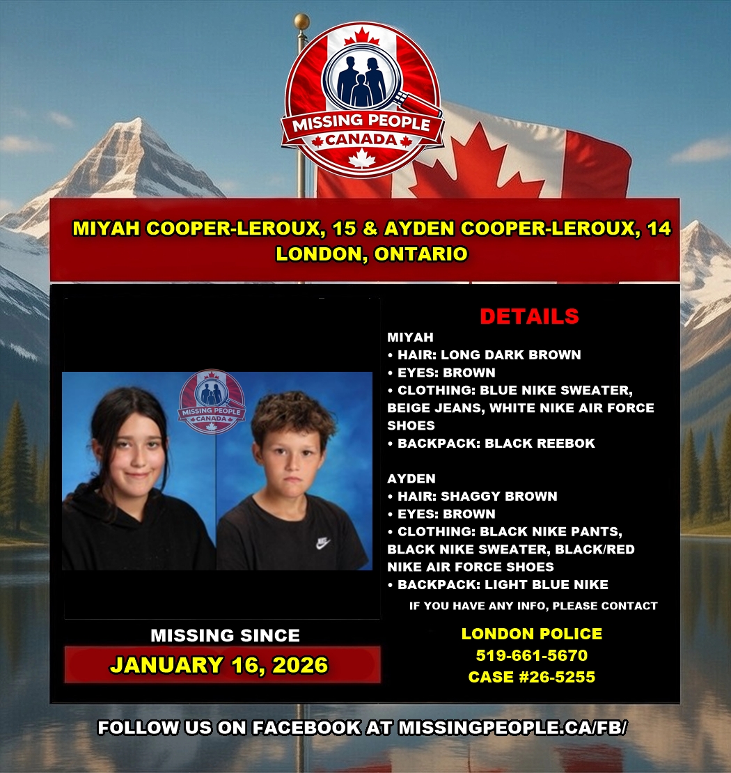 Photo of missing teens Miyah Cooper-Leroux, 15, and Ayden Cooper-Leroux, 14, from London, Ontario