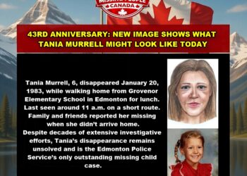 Age-progression composite sketch of Tania Murrell at age 49, alongside original photo of 6-year-old Tania Murrell missing from Edmonton, Alberta since January 20, 1983