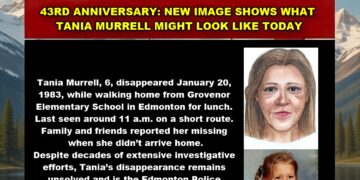 Age-progression composite sketch of Tania Murrell at age 49, alongside original photo of 6-year-old Tania Murrell missing from Edmonton, Alberta since January 20, 1983